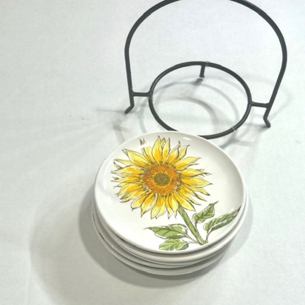 Signature Hoursewares Stoneware Plate Set of 6 W/ Metal Caddy Sunflower Design - Picture 5 of 14